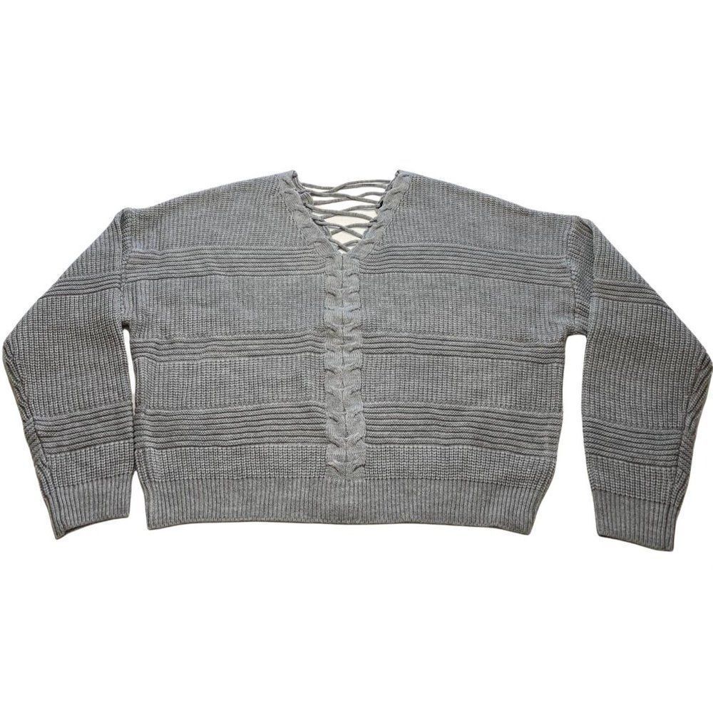 Numero Sweater Top Womens XL Grey Lace-Back Cropped Long-Sleeve Soft Lightweight - Picture 3 of 13